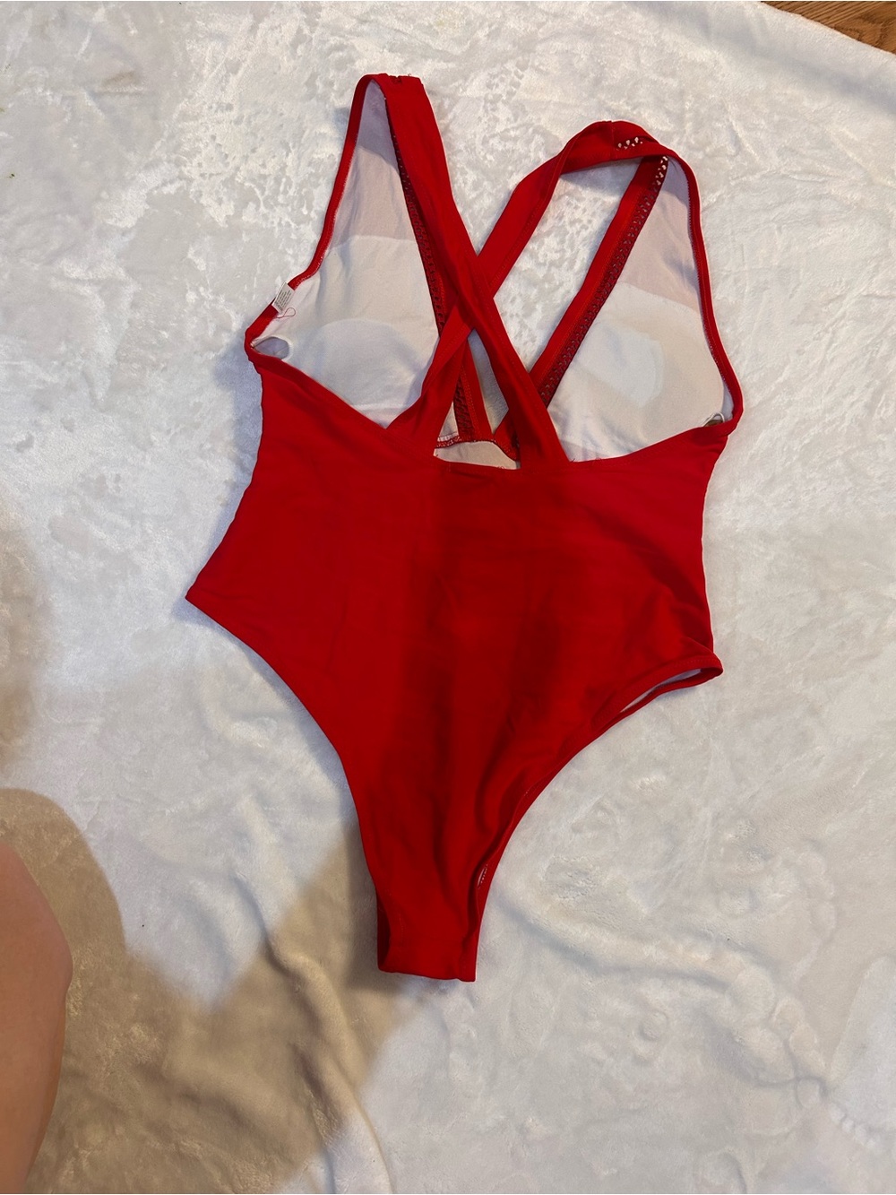 Deep V Red One-Piece Swimsuit with Decorative Waistband EUC - Picture 3 of 3